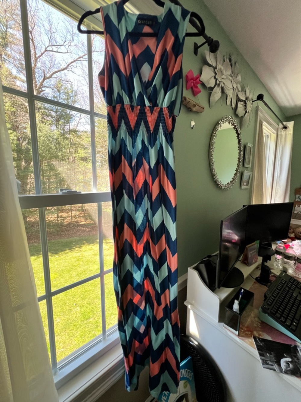 Kensie Coral & Teal Chevron Maxi Dress
